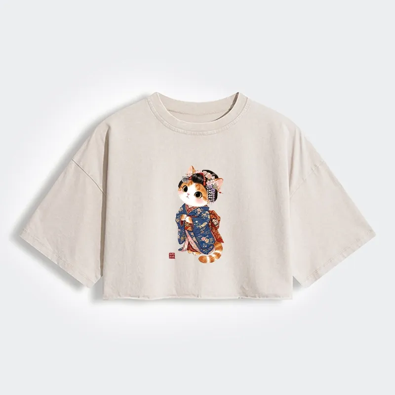 Tokyo-Tiger Cat Dressed As A Geisha Funny Women's Washed Crop T-Shirt Sale