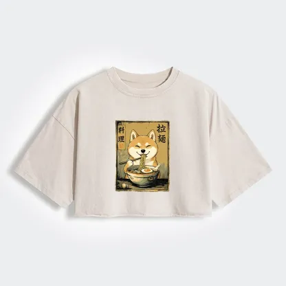 Tokyo-Tiger Happy Shiba Eating Ramen Women's Washed Crop T-Shirt