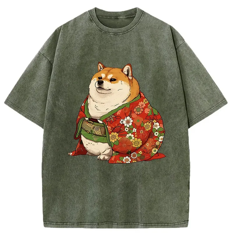 Tokyo-Tiger Shiba Inu Wearing Kimono Washed T-Shirt