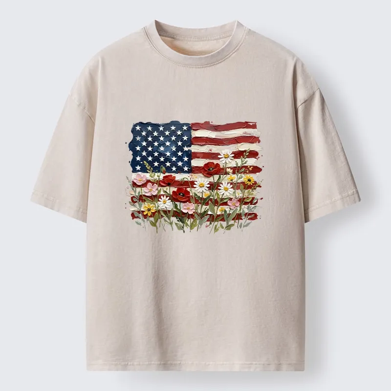Tokyo-Tiger Floral Accents On Textured Flag Art Washed T-Shirt
