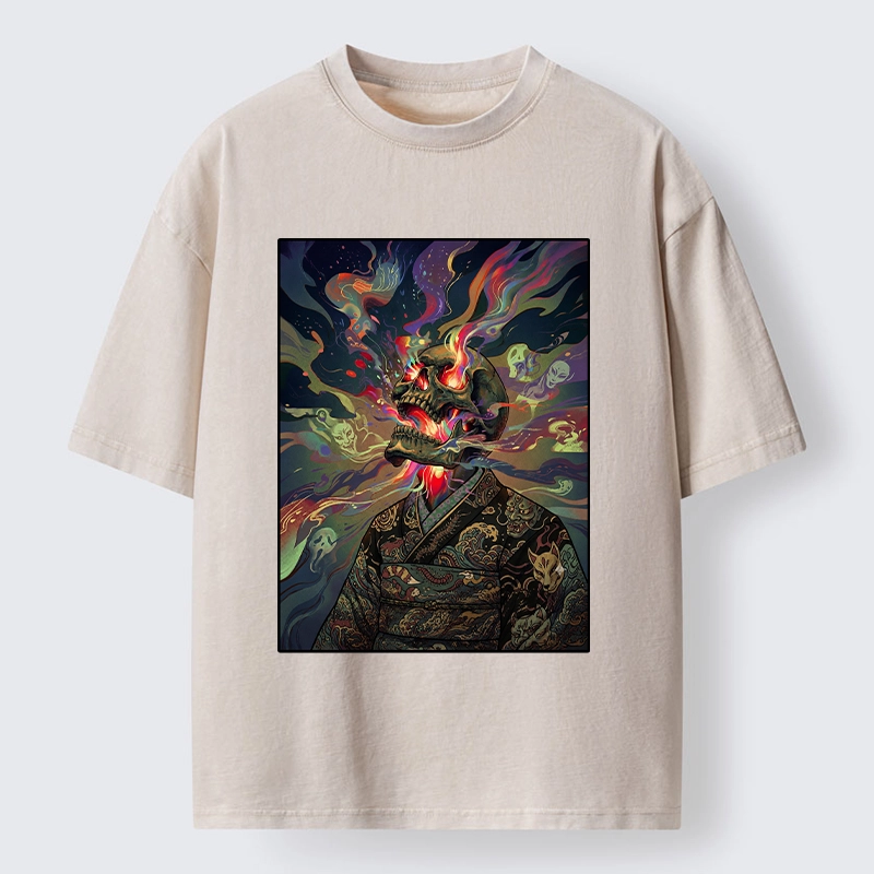 Tokyo-Tiger Colorful Flame Spirits Around Dead Head Washed T-Shirt