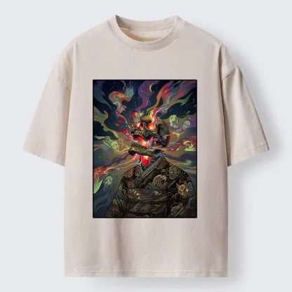 Tokyo-Tiger Colorful Flame Spirits Around Dead Head Washed T-Shirt