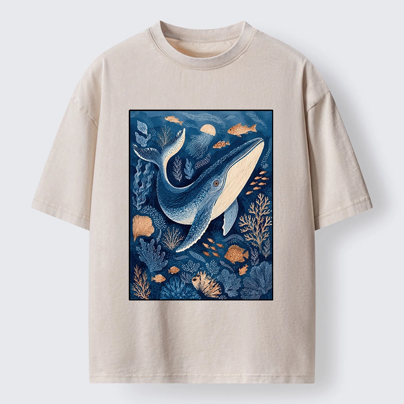Tokyo-Tiger Blue Whale Under The Sea Washed T-Shirt