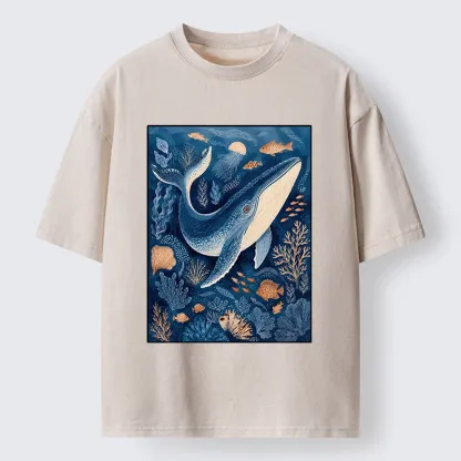 Tokyo-Tiger Blue Whale Under The Sea Washed T-Shirt