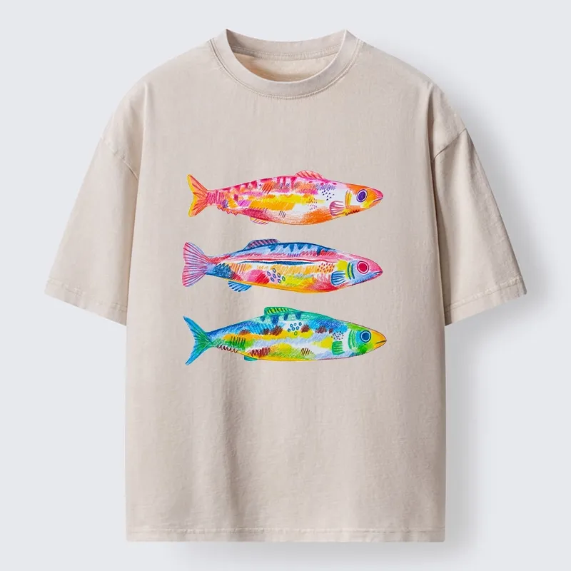 Tokyo-Tiger Colorful Hand Drawn Fish Washed T-Shirt Sale