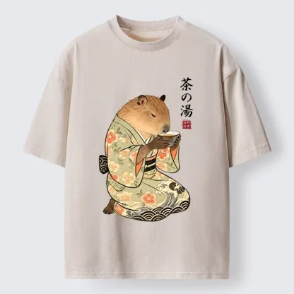 Tokyo-Tiger Capybara Drinking Tea In Kimono Washed T-Shirt