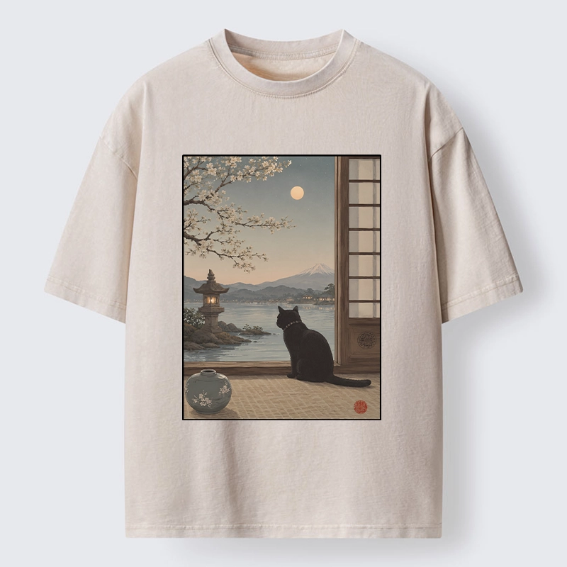 Tokyo-Tiger Black Cat Watching Mount Fuji At Night Washed T-Shirt