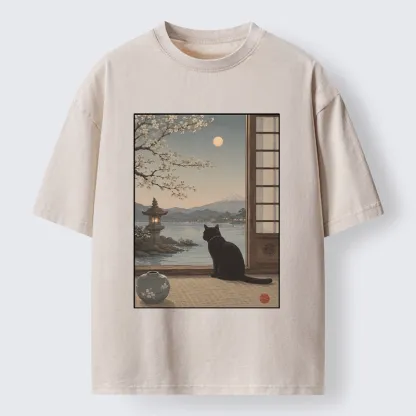 Tokyo-Tiger Black Cat Watching Mount Fuji At Night Washed T-Shirt