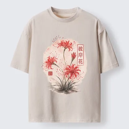 Tokyo-Tiger Red Spider Lily Watercolor Painting Washed T-Shirt