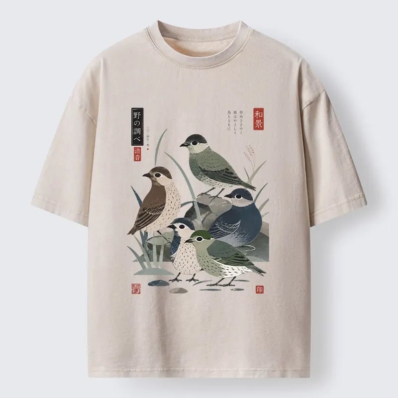 Tokyo-Tiger Cute Little Birds Japanese Folk Print Washed T-Shirt Sale