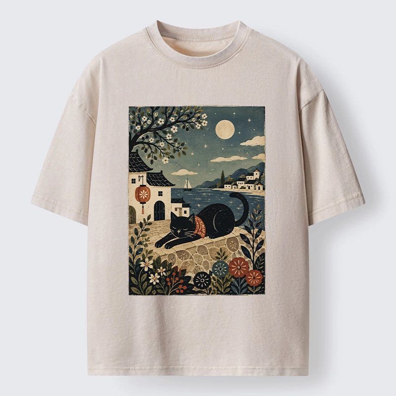 Tokyo-Tiger Sleepy Cat In A Coastal Town Washed T-Shirt