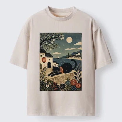 Tokyo-Tiger Sleepy Cat In A Coastal Town Washed T-Shirt