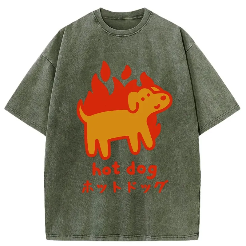 Tokyo-Tiger Funny Hot Dog Washed T-Shirt