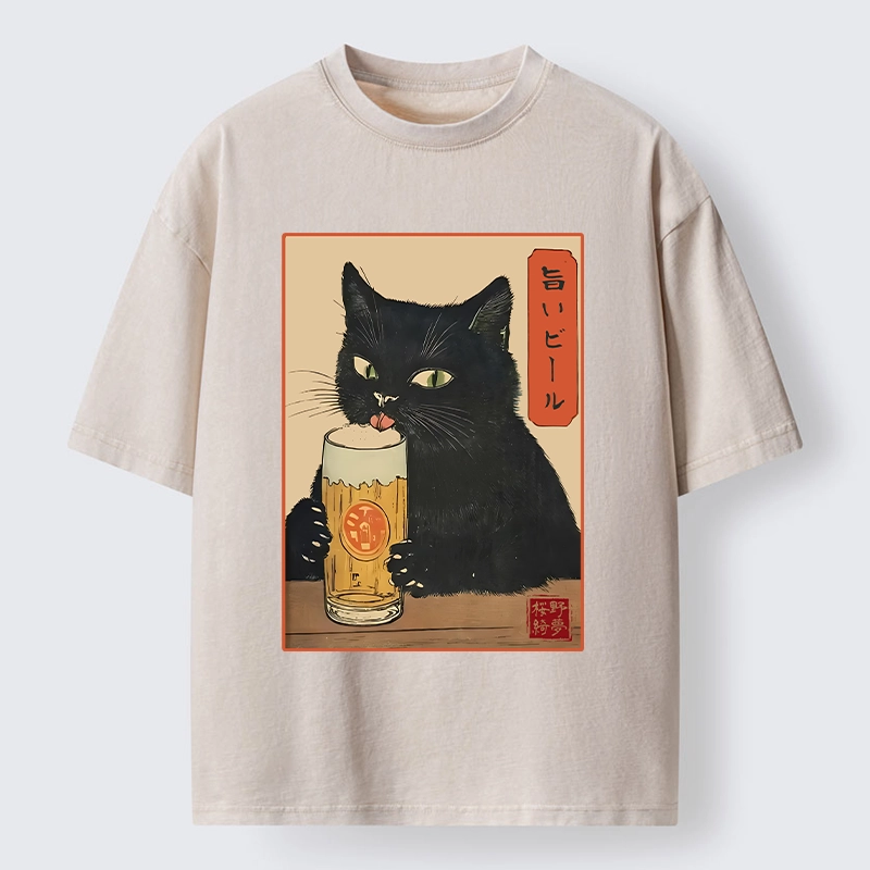 Tokyo-Tiger Cat Holding A Glass Of Beer Washed T-Shirt