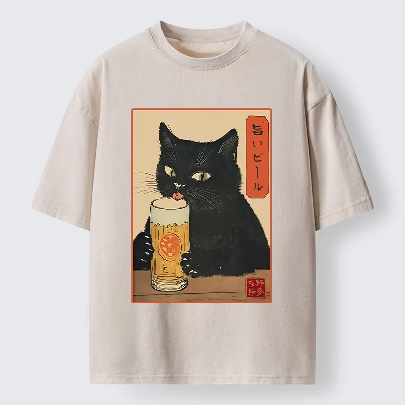 Tokyo-Tiger Cat Holding A Glass Of Beer Washed T-Shirt Sale