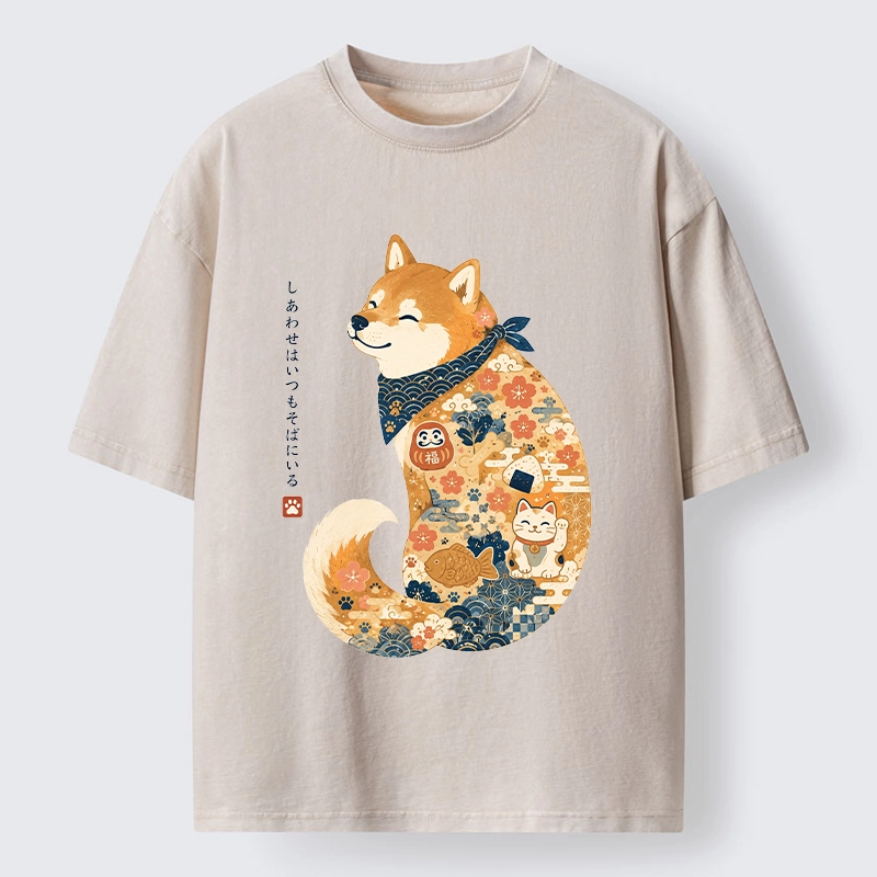 Tokyo-Tiger Cute Shiba Inu Wearing Traditional Kimono Washed T-Shirt