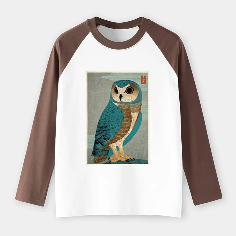 Tokyo-Tiger Vintage Owl Woodblock Art Raglan Long Sleeve T-shirt