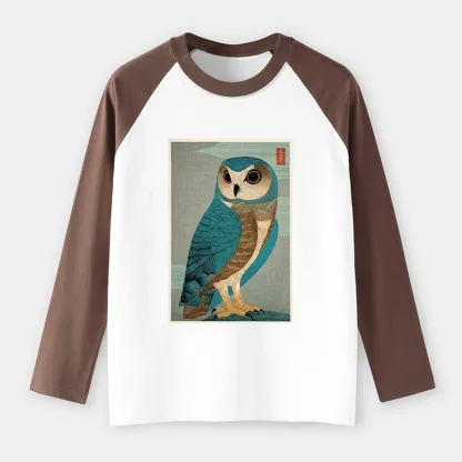 Tokyo-Tiger Vintage Owl Woodblock Art Raglan Long Sleeve T-shirt