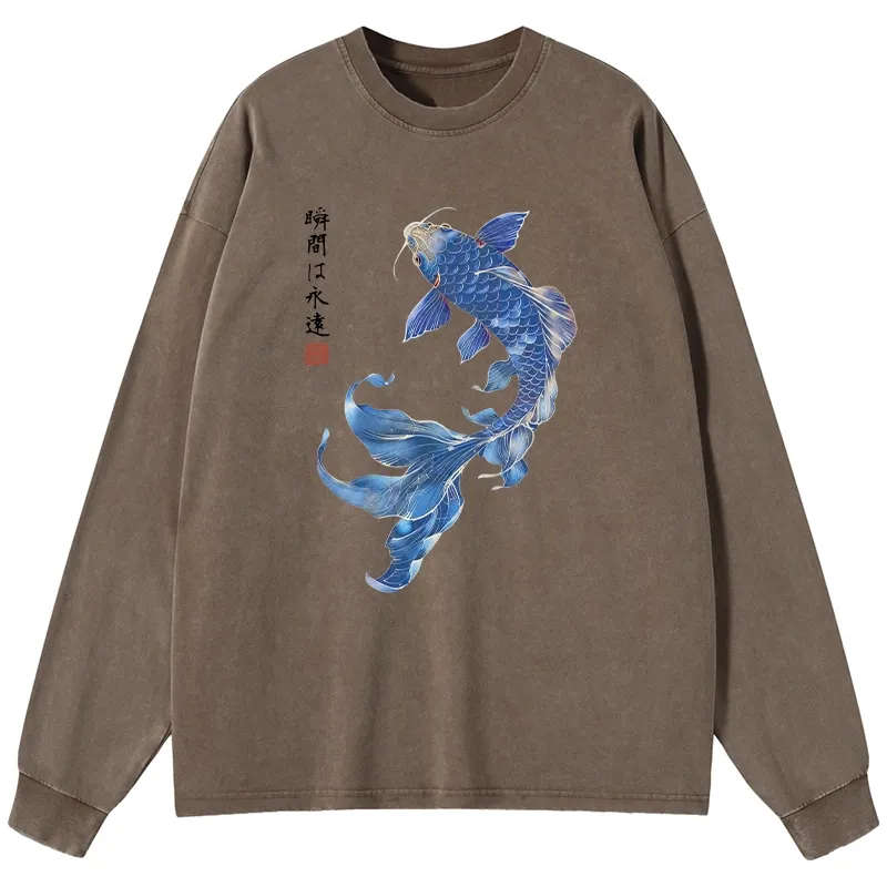 Tokyo-Tiger Lucky Blue Koi Fish Art Washed Long Sleeve T-Shirt