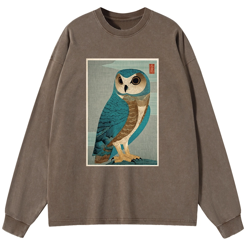 Tokyo-Tiger Vintage Owl Woodblock Art Washed Long Sleeve T-Shirt