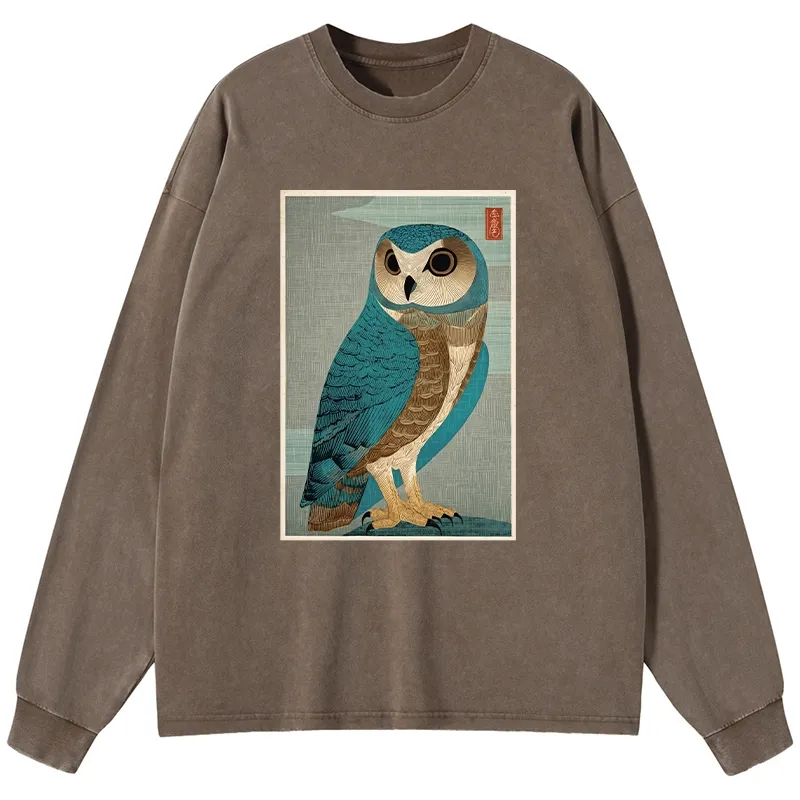 Tokyo-Tiger Vintage Owl Woodblock Art Washed Long Sleeve T-Shirt