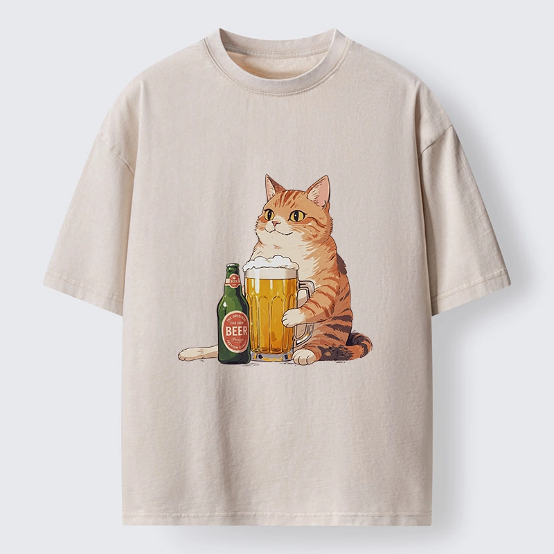 Tokyo-Tiger Funny Beer Cat After Work Washed T-Shirt