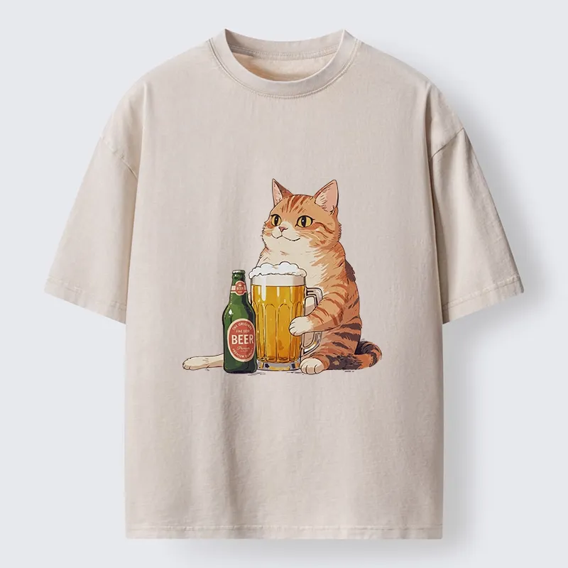 Tokyo-Tiger Funny Beer Cat After Work Washed T-Shirt