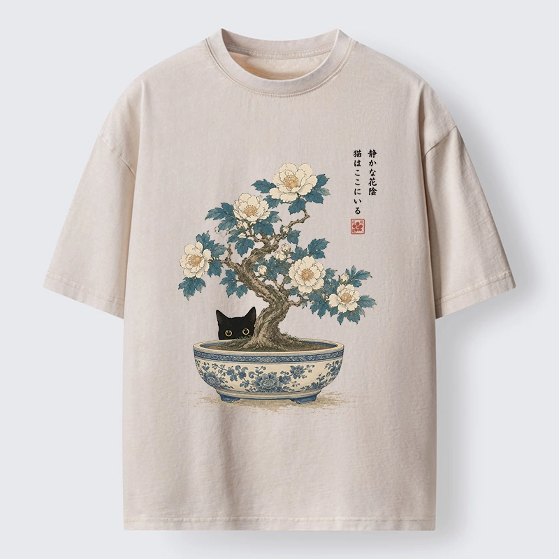 Tokyo-Tiger Black Cat Hiding In The Bonsai Washed T-Shirt