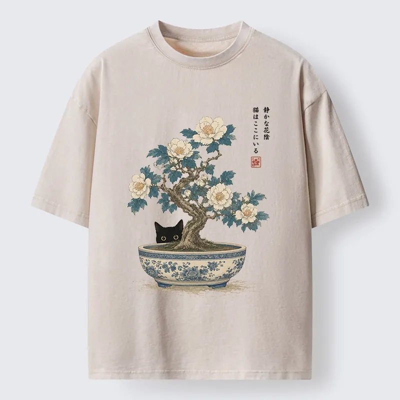 Tokyo-Tiger Black Cat Hiding In The Bonsai Washed T-Shirt