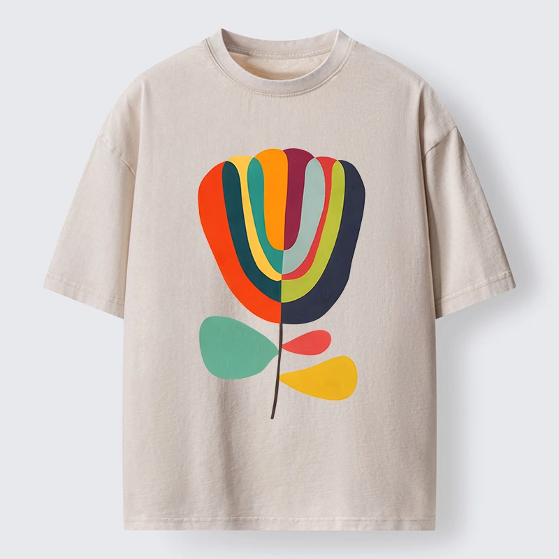 Tokyo-Tiger Colorful Flower Minimalist Print Washed T-Shirt