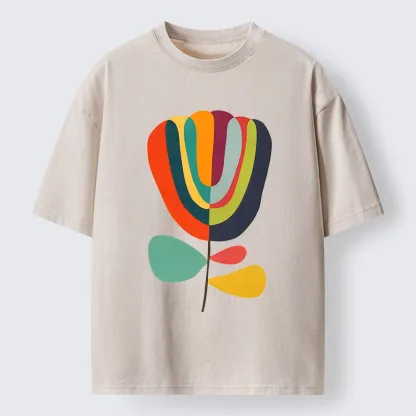 Tokyo-Tiger Colorful Flower Minimalist Print Washed T-Shirt