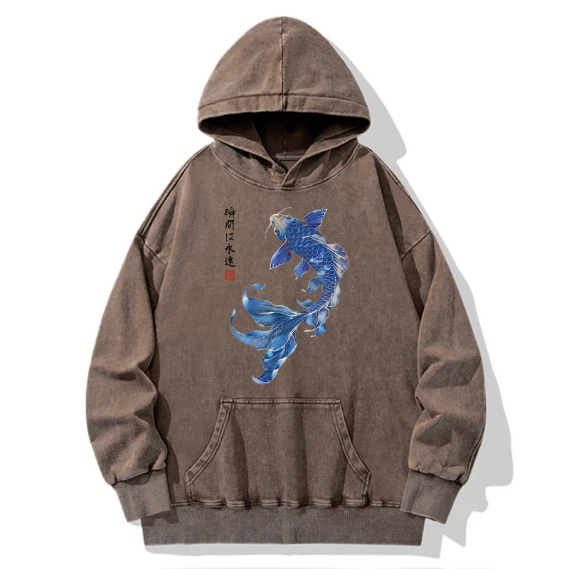 Tokyo-Tiger Lucky Blue Koi Fish Art Washed Hoodie