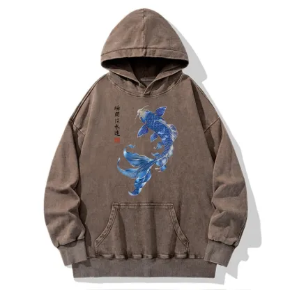 Tokyo-Tiger Lucky Blue Koi Fish Art Washed Hoodie