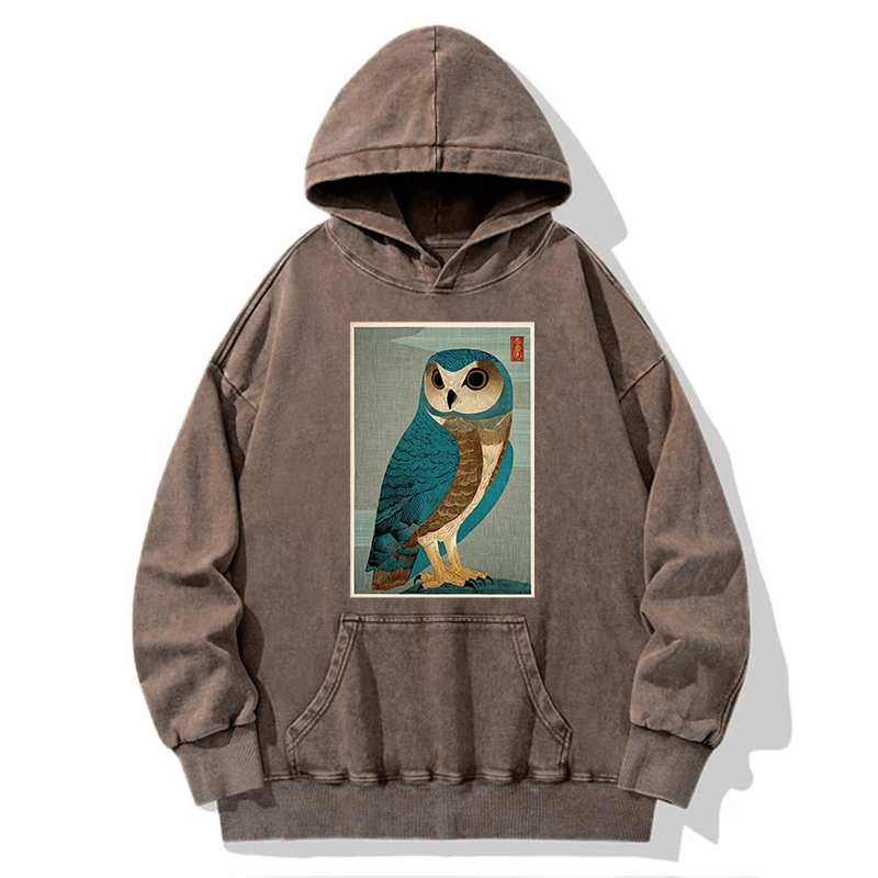 Tokyo-Tiger Vintage Owl Woodblock Art Washed Hoodie