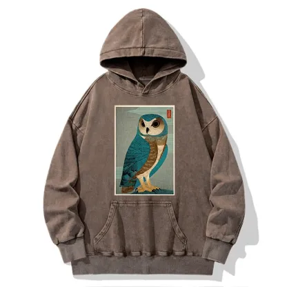 Tokyo-Tiger Vintage Owl Woodblock Art Washed Hoodie
