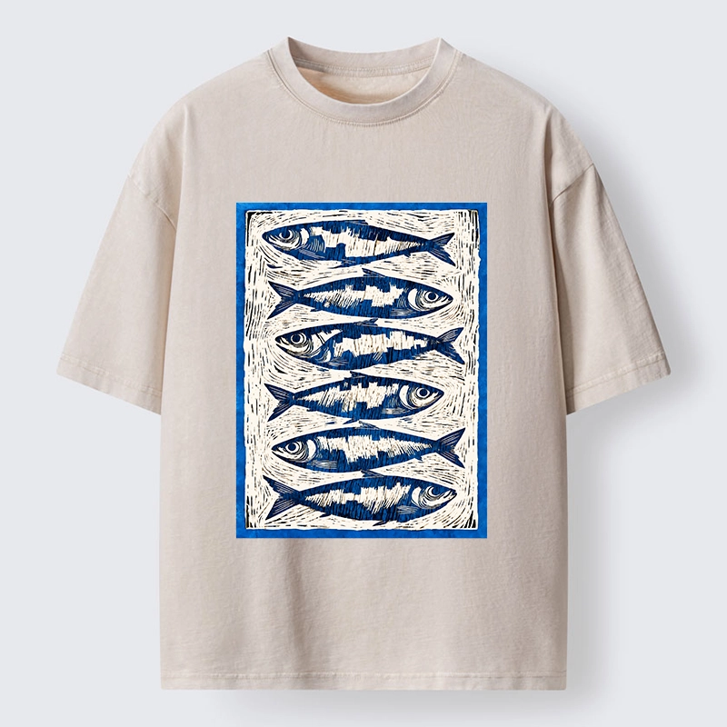 Tokyo-Tiger Vintage Block Print Ocean Fish Washed T-Shirt