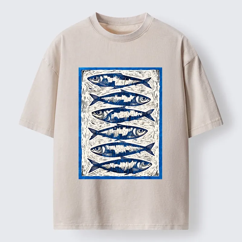 Tokyo-Tiger Vintage Block Print Ocean Fish Washed T-Shirt