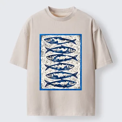 Tokyo-Tiger Vintage Block Print Ocean Fish Washed T-Shirt