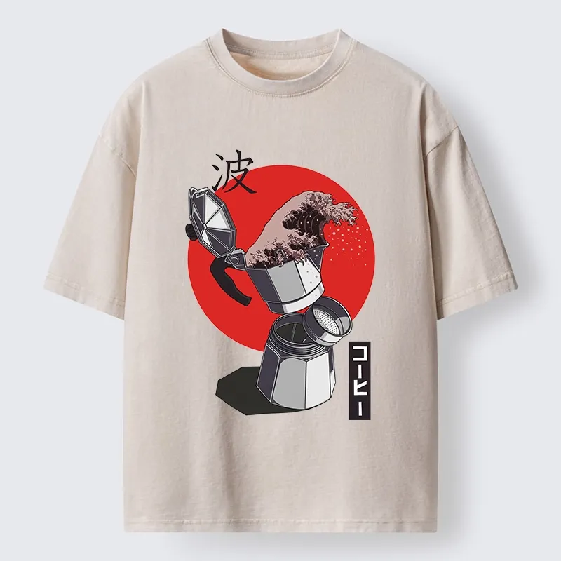 Tokyo-Tiger Coffee Wave Pours From Moka Pot Washed T-Shirt
