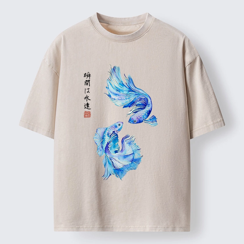 Tokyo-Tiger Japanese Watercolor Pair Betta Fish Washed T-Shirt