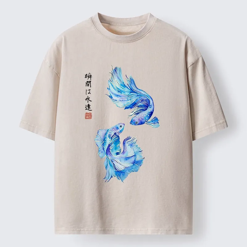 Tokyo-Tiger Japanese Watercolor Pair Betta Fish Washed T-Shirt Sale