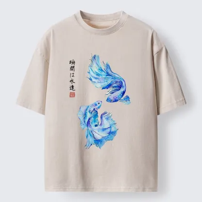 Tokyo-Tiger Japanese Watercolor Pair Betta Fish Washed T-Shirt