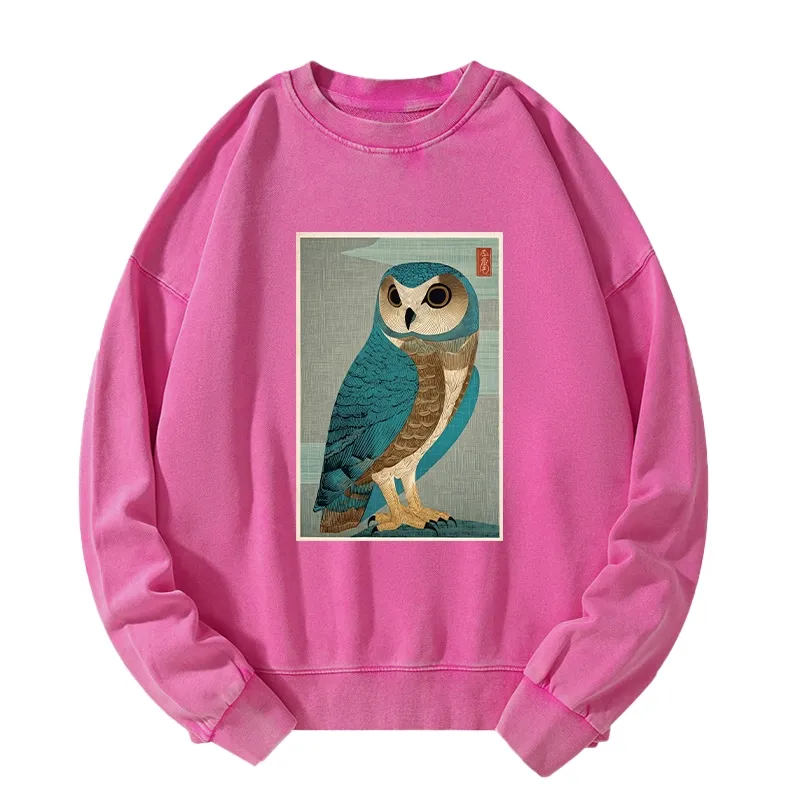 Tokyo-Tiger Vintage Owl Woodblock Art Washed Sweatshirt