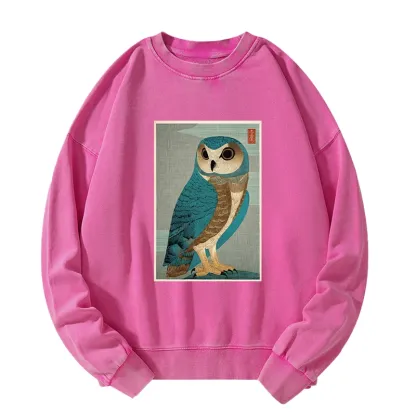 Tokyo-Tiger Vintage Owl Woodblock Art Washed Sweatshirt