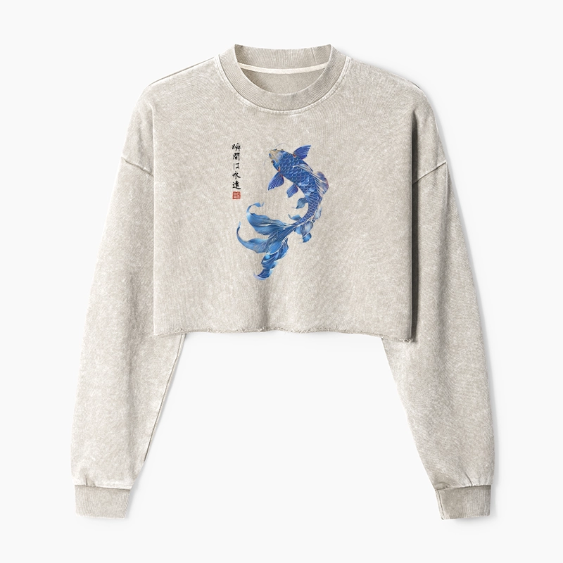 Tokyo-Tiger Lucky Blue Koi Fish Art Washed Crop Sweatshirt