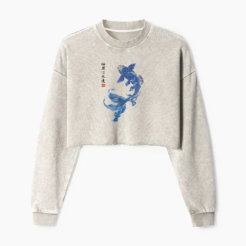 Tokyo-Tiger Lucky Blue Koi Fish Art Washed Crop Sweatshirt Sale