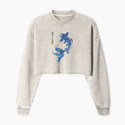 Tokyo-Tiger Lucky Blue Koi Fish Art Washed Crop Sweatshirt