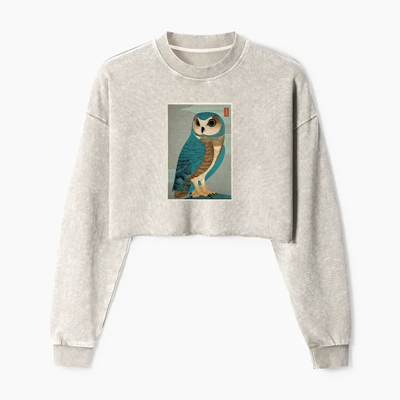 Tokyo-Tiger Vintage Owl Woodblock Art Washed Crop Sweatshirt