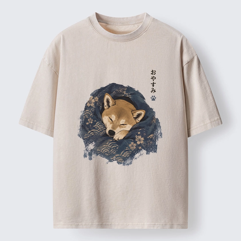Tokyo-Tiger Sleepy Shiba Hides In Warm Quilt Washed T-Shirt Sale