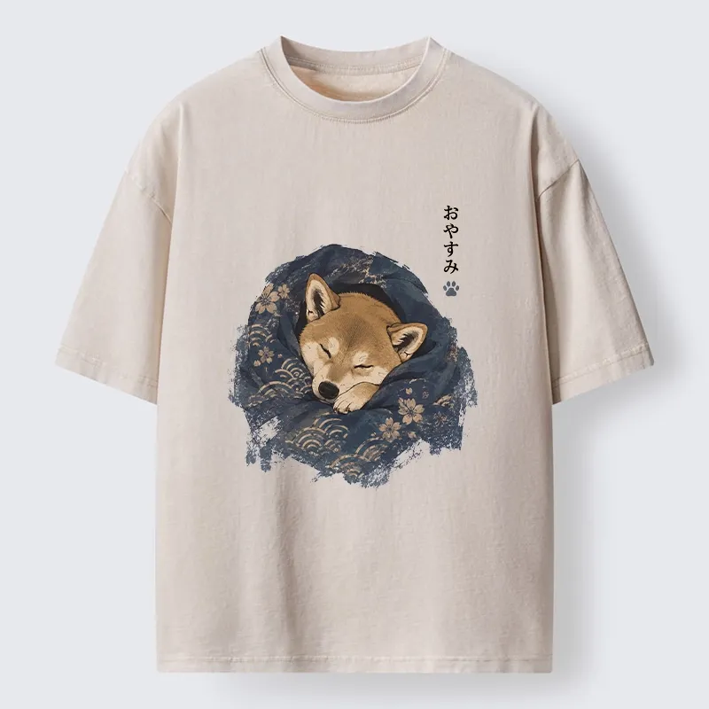 Tokyo-Tiger Sleepy Shiba Hides In Warm Quilt Washed T-Shirt